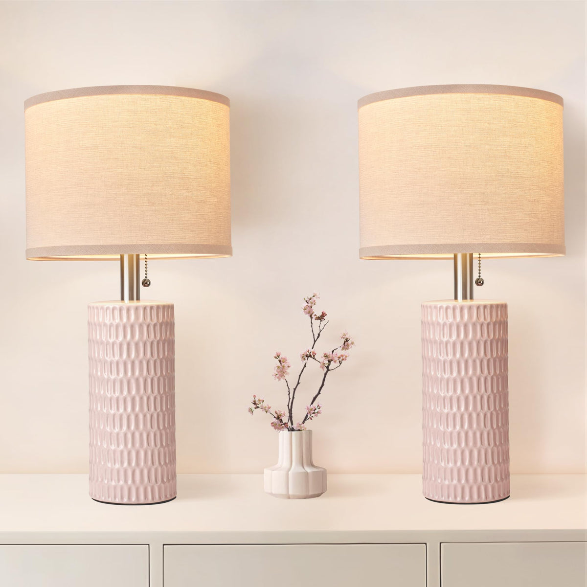 20.5" Modern Ceramic Table Lamps for Bedroom Set of 2, Bedside Lamps for Night Stands with Beige Lampshade, Farmhouse Table Lamp for Living Room Office Dorm, Pink