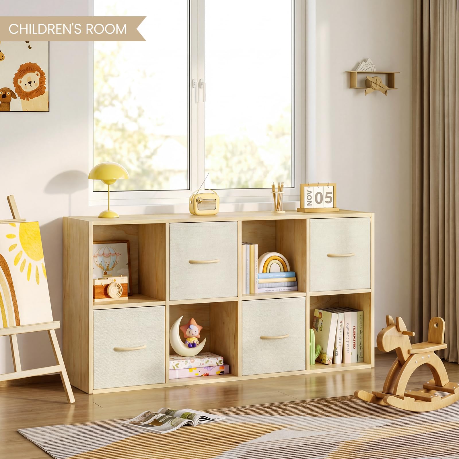 8 Cube Storage Organizer - Solid Wood Bookshelf with 4 Storage Bins, Cube Shelf with 2 Removable Back Panels, Vertical or Horizontal Bookcase, Open Book Shelf for Bedroom, Living Room, Office