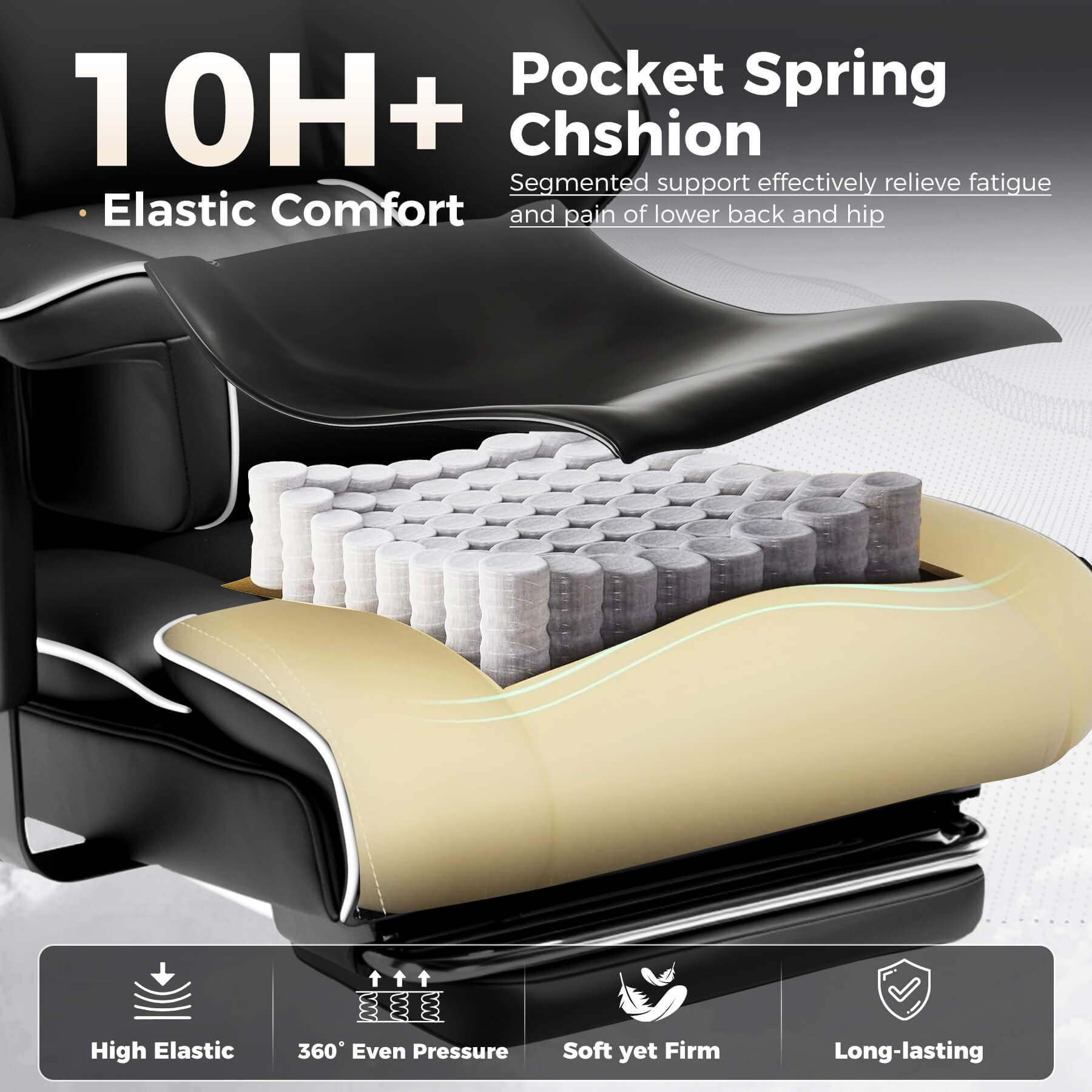 Big and Tall Gaming Chair 400lbs Heavy Duty Office Chair with Foot Rest & Ergonomic Pocket Spring Cushion, High Back Lumbar Support for Lower Back Pain Relief, White/Black