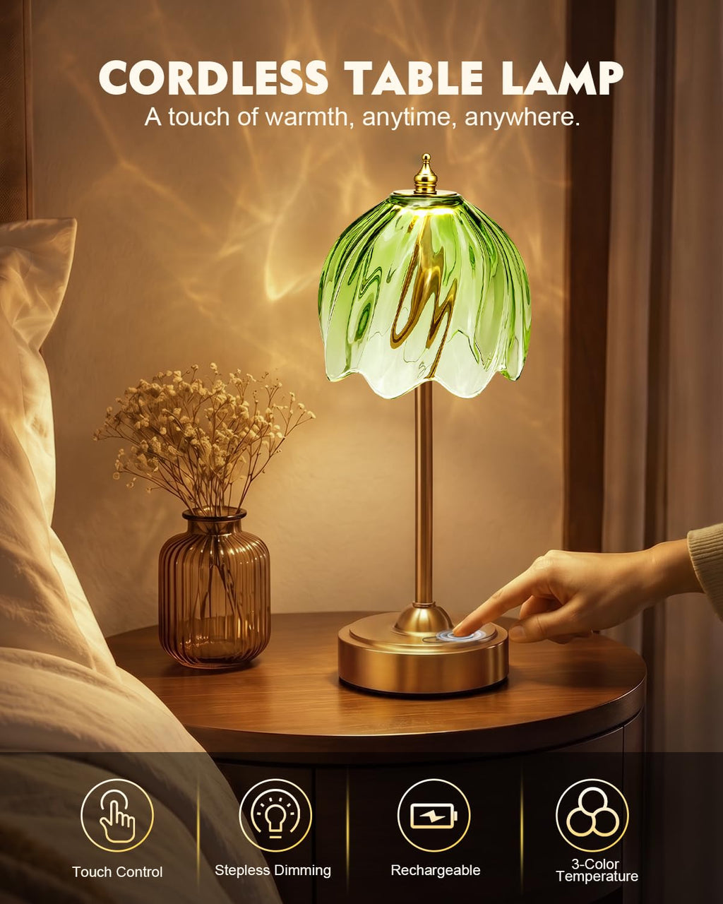 Cordless Flower Table Lamp, 5200mAh Small Rechargeable Touch Lamp