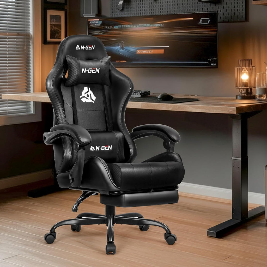 Gaming Chair with Footrest Lumbar Support for Home Office High Back Recliner Height Adjustable Ergonomic Comfy Leather Computer Desk Chair (Carbon Black)