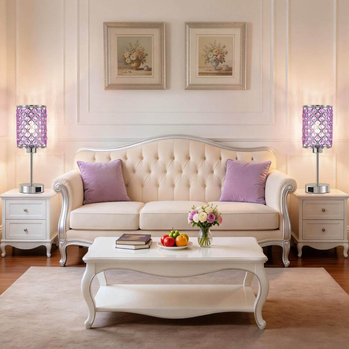 Purple Crystal Bedside Table Lamps Set of 2 with USB C+A Ports