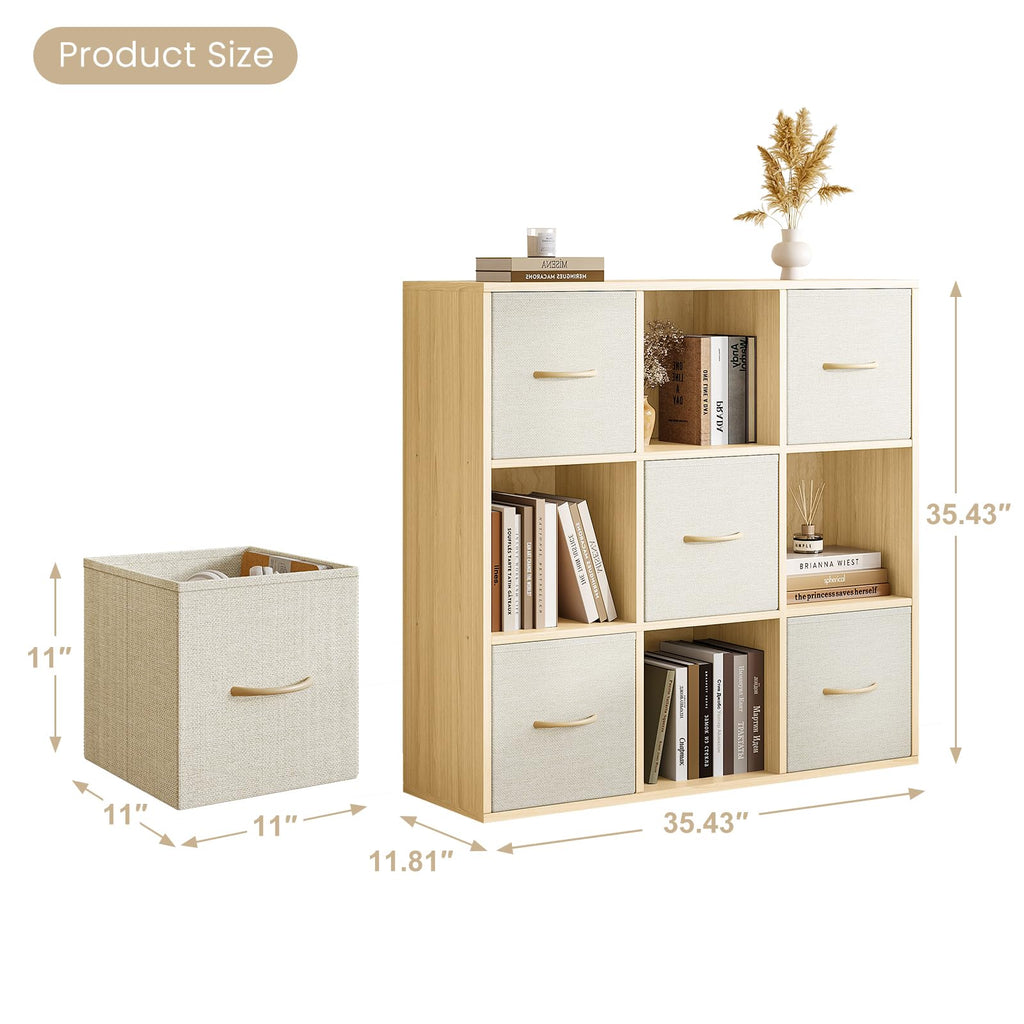 9 Cube Storage Organizer - Solid Wood Bookshelf with 5 Storage Bins, Cube Shelf with 3 Removable Back Panels, Vertical or Horizontal Bookcase, Open Book Shelf for Bedroom, Living Room, Office
