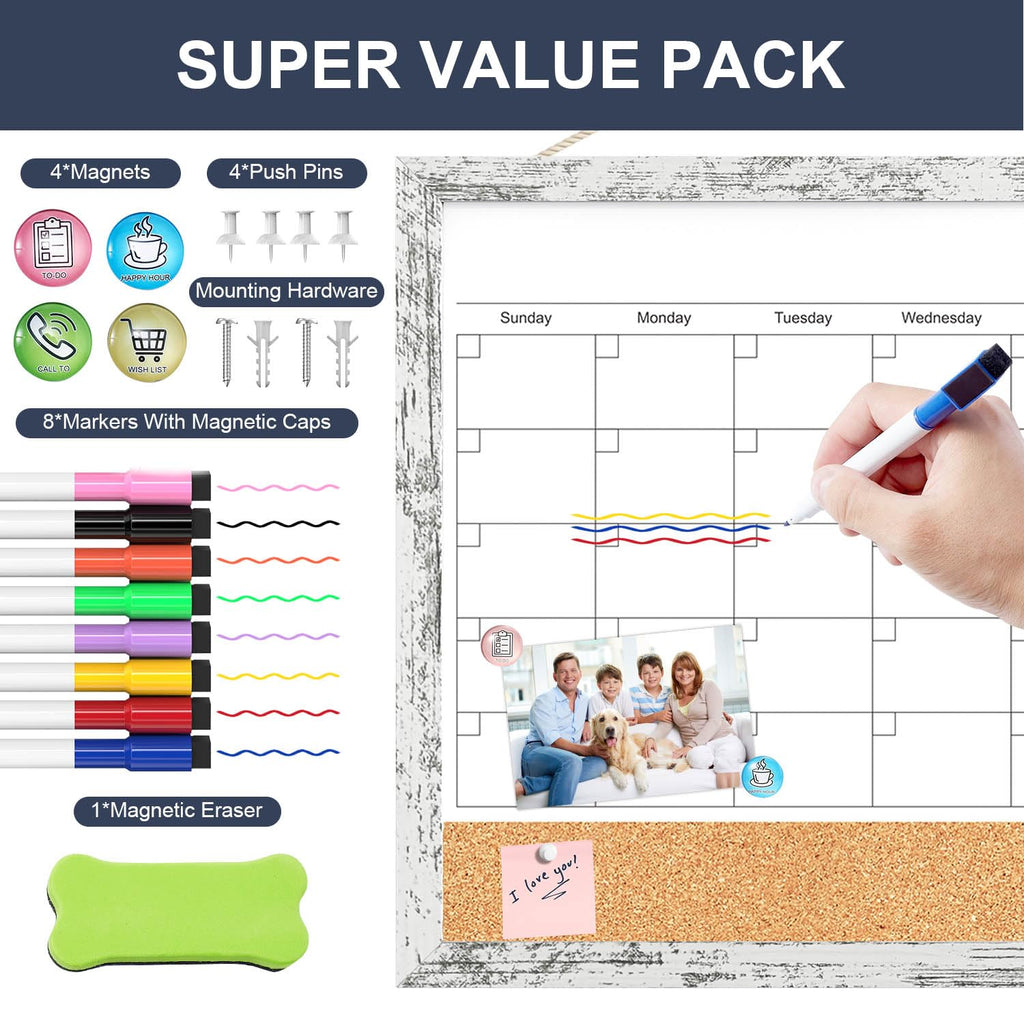 Dry Erase Calendar for Wall, 17x13 Inches Whiteboard Calendar Cork Board Combo, Magnetic Small White Board with Wood Framed, Hanging Dry Erase Board for Office Kitchen Home Planner Memo