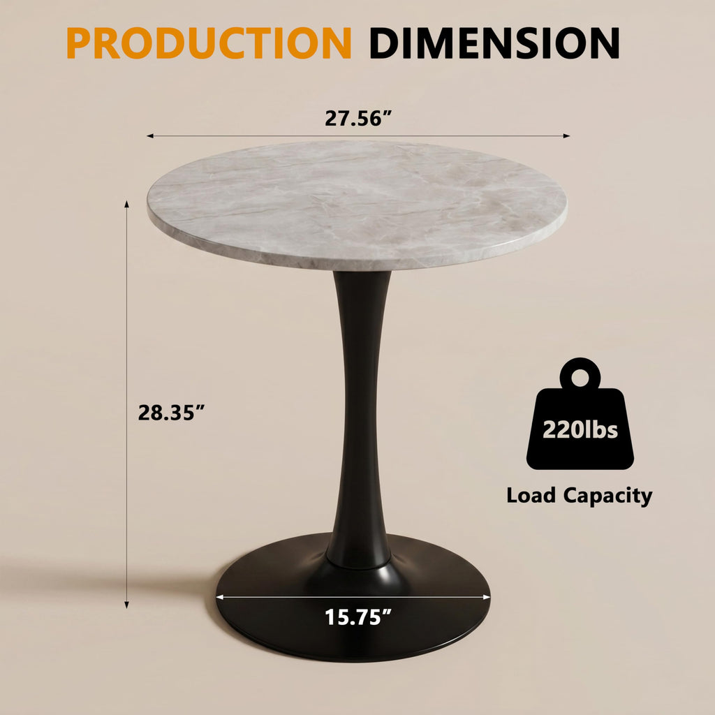 Sybrioka 27.6" Marble Round Tulip Table, Mid-Century Modern Style Dining Table with Black Pedestal Base for 2-4 People, Featuring A Marble Tabletop for Kitchen, Dining Room, Cafe (Light Grey)
