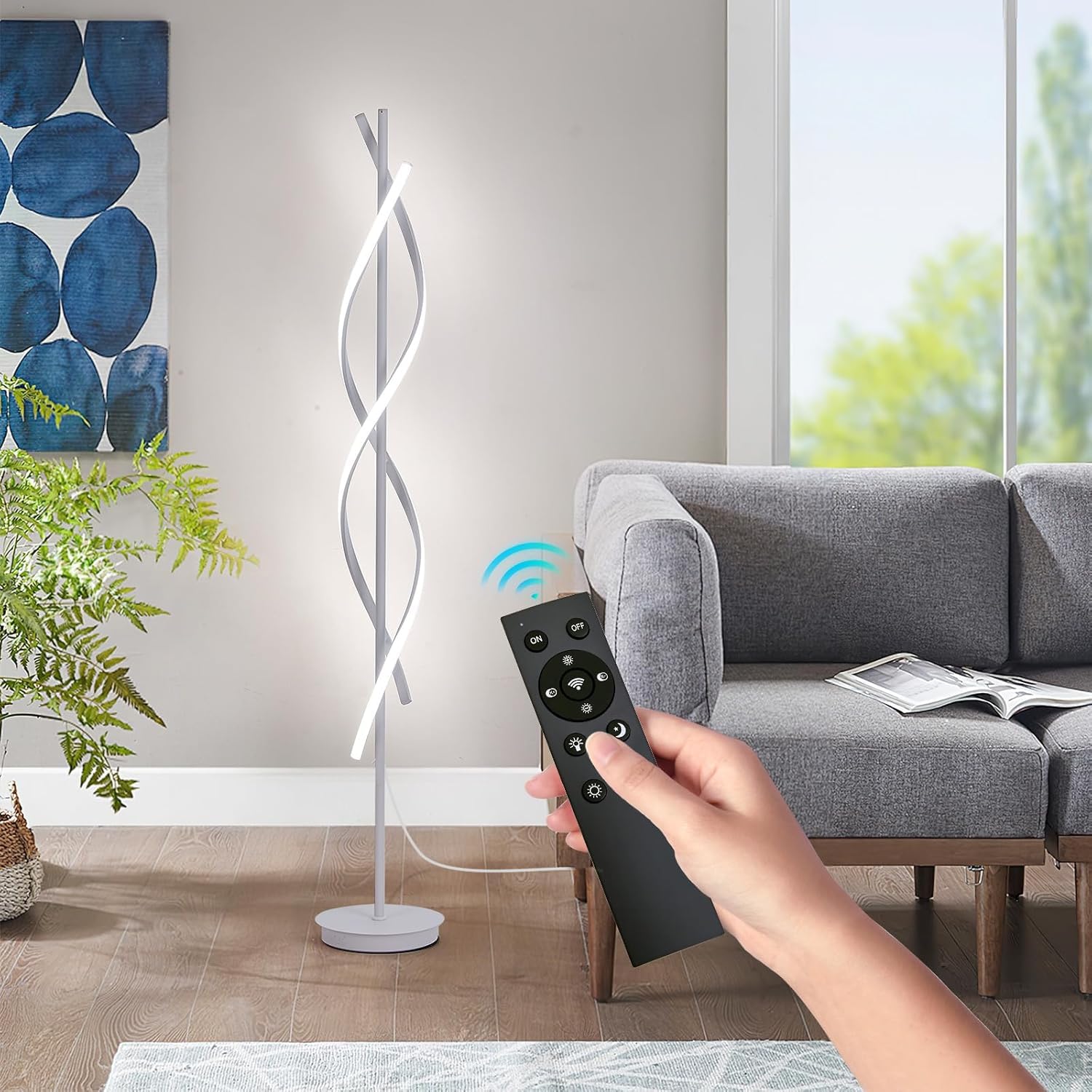 Modern Spiral Floor Lamp, 62" Tall Dimmable LED Corner Light with Remote Control & 3 Color Temperatures, White Standing Lamp for Bedroom Office