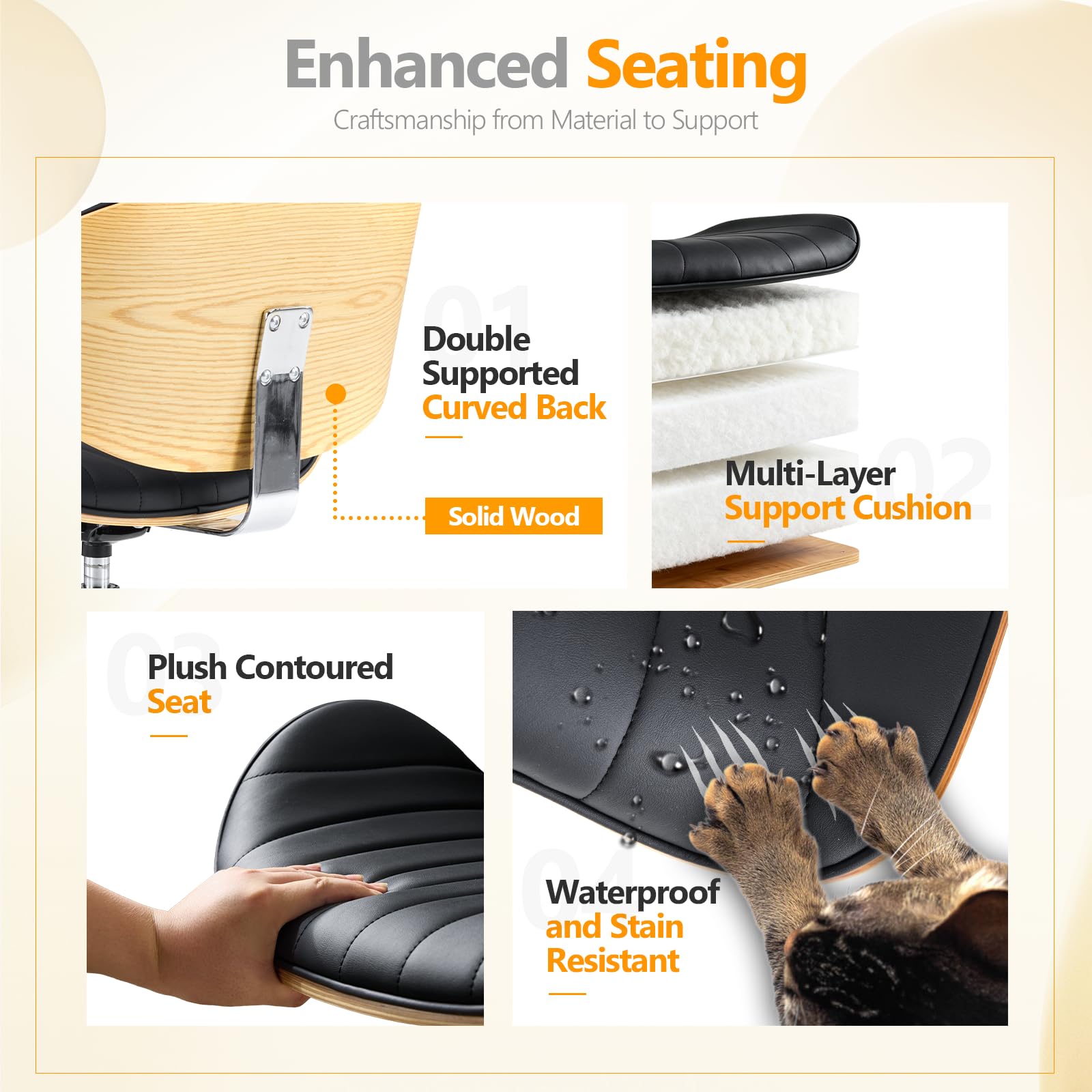 Wide Comfotable Swivel Home Office Chair with Wood-Grain Curved Shell,Ergomomic Mid-Back Padded Armless Rolling Desk Chair with Wheels,Height Adjustable for Computer,Task,Work,PU Leather,Black