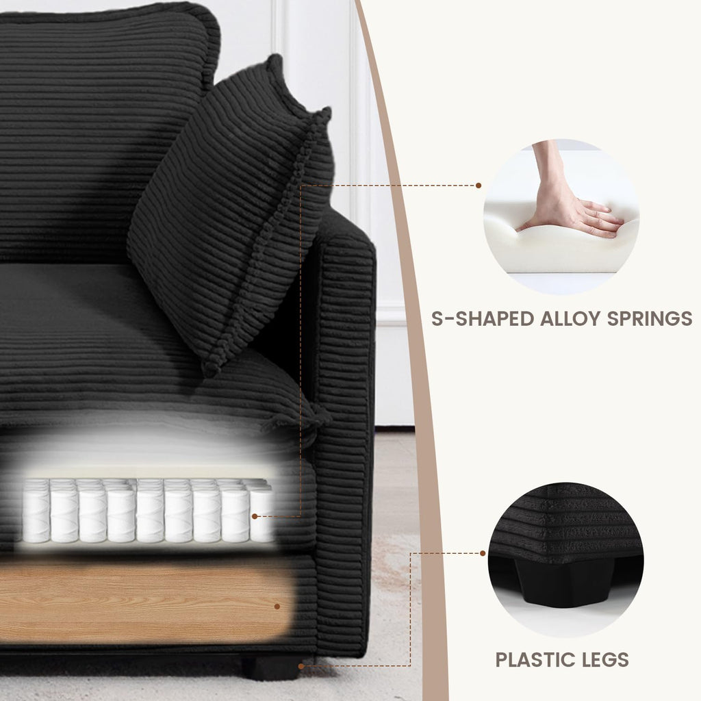 Sectional 2 Seat Cloud Loveseat with 2 Throw Pillows, Modern Corduroy Love Seat Sleeper Bed, Convertible Cozy Sofa for Living Room and Office, Black