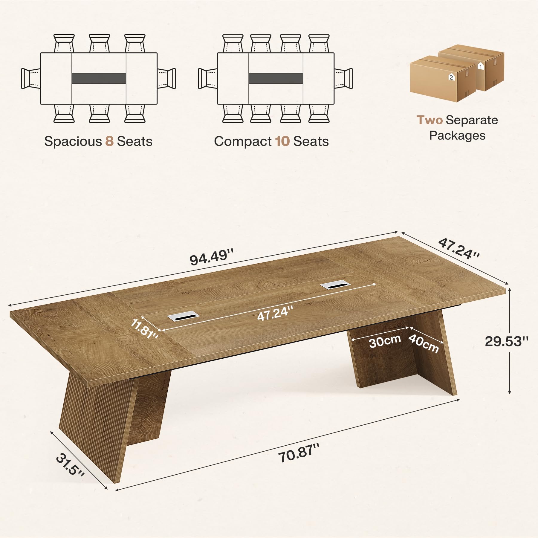 8ft Conference Table, Conference Room Table for 10 People, Large Meeting Desk with Cable Grommet, Modern Boardroom Table for Office Conference (1, Brown)