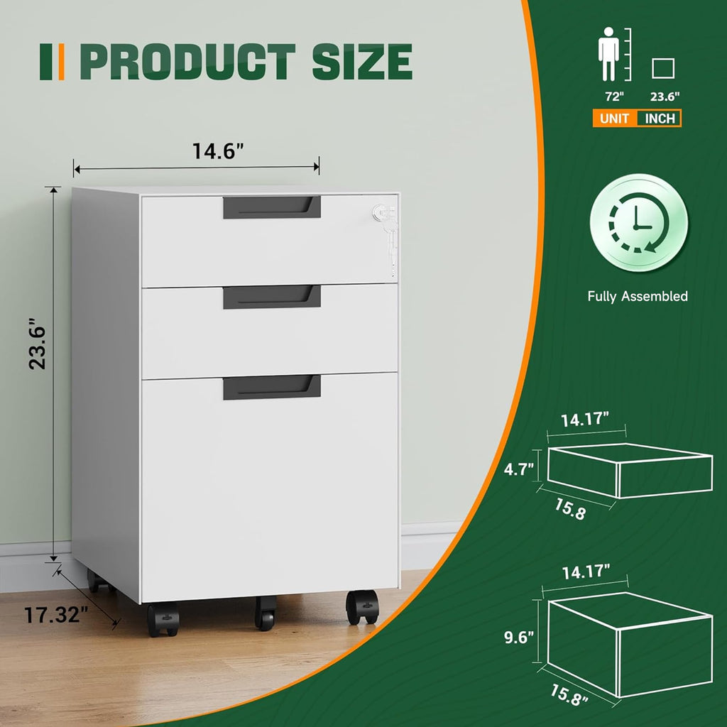 3 Drawer Mobile File Cabinet with Lock,Under Desk Metal Small Filing Cabinets for Home Office Organizer Letters/Legal/A4(Fully Assembled Except Wheels-White)