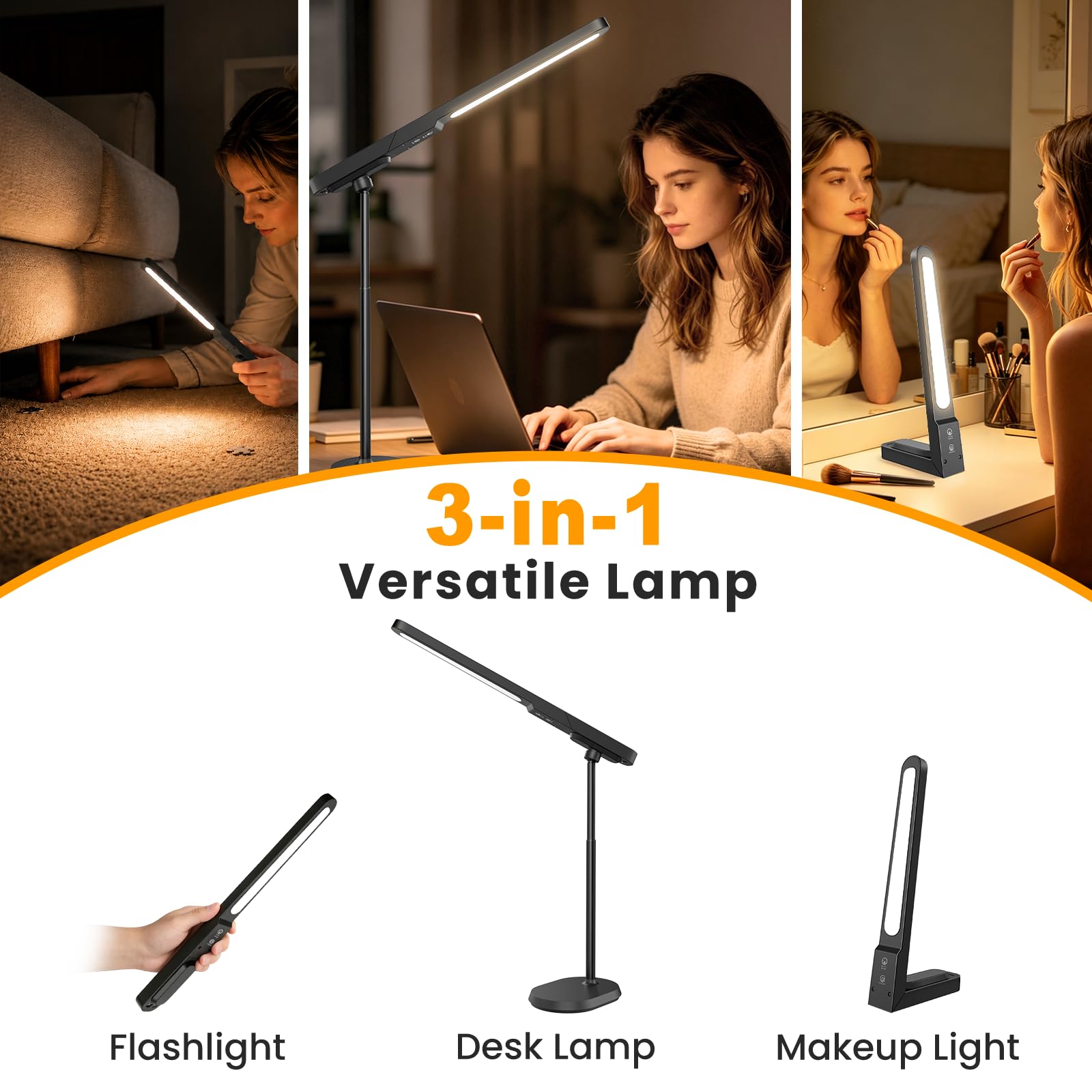 LED Desk Lamp, 3 Color Modes & Dimmable Brightness, Rechargeable Battery-Powered Reading Lamp, Portable Makeup Light, Desktop Lighting for Office, Reading, Puzzles, Working, Night Light