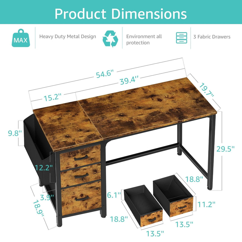 Computer Desk with Fabric File Drawers Cabinet, 55 Inch Reversible Home Office Desks with Filing Cabinet for Small Space, Study Writing Table PC Desks with Storage for Bedroom, Rustic Brown