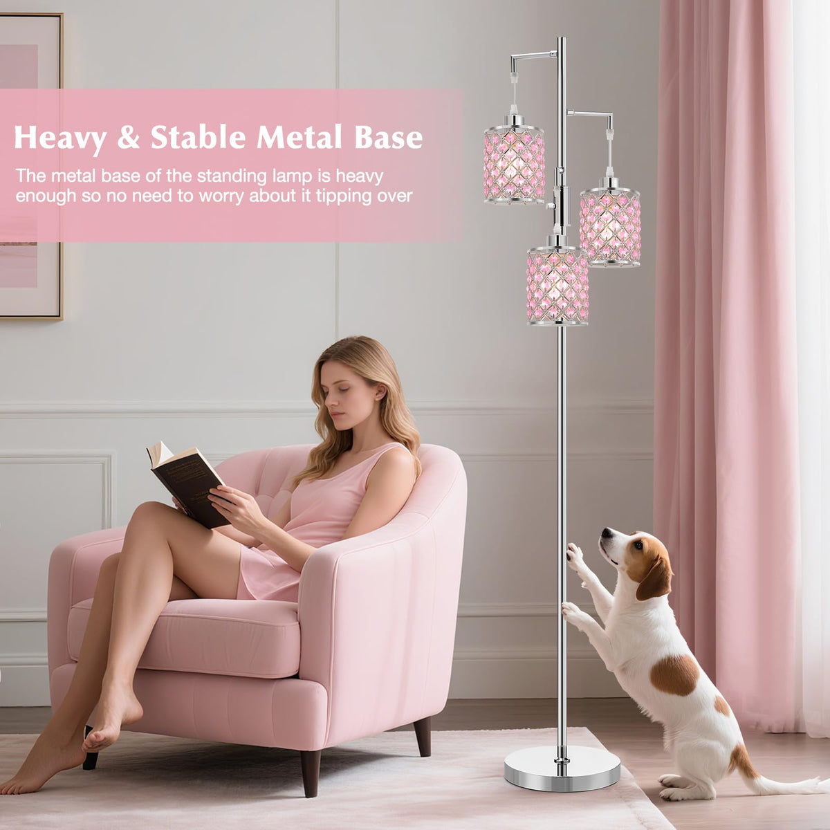 Pink Crystal Floor Lamp, 3-Light Standing Tall Lamp with Sparkling K9 Crystal Shade, Rotary Switch, Easy Assemble Lamps for Living Room, Bedroom, Home Office, Girls Room