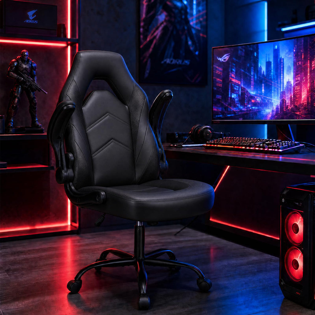 Computer Gaming Desk Chair - Big Tall Ergonomic Lumbar Support with Flip-up Armrest and 360° Swivel Wheels, PU Leather Height Adjustable, for Home and Office, Black