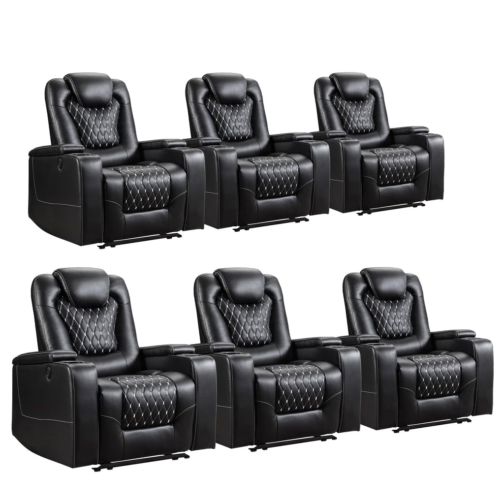 Power Recliner Chair Set of 6, Electric Soft Faux Leather Reclining Home Theater Seating - USB Ports, Cup Holders, Hidden Arm Storage Movie & Media Room Chairs (Black)