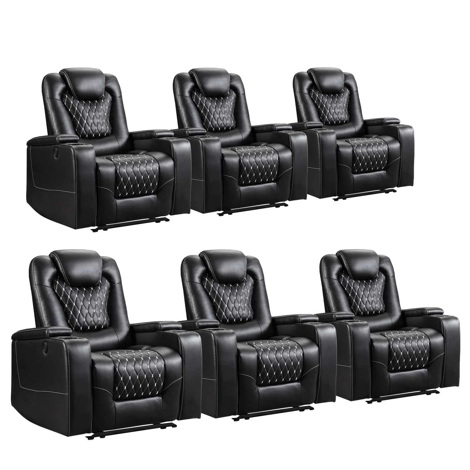 Power Recliner Chair Set of 6, Electric Soft Faux Leather Reclining Home Theater Seating - USB Ports, Cup Holders, Hidden Arm Storage Movie & Media Room Chairs (Black)