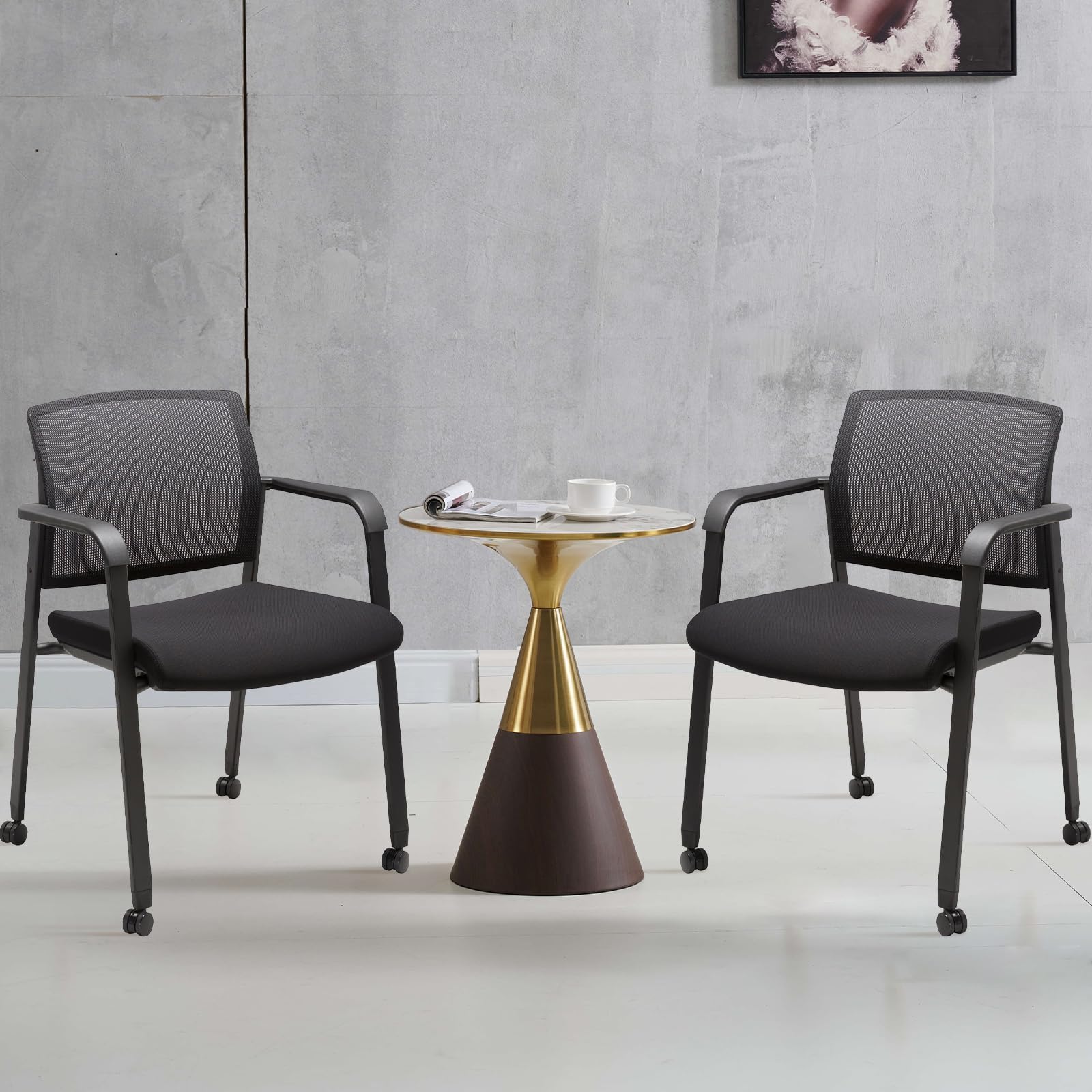 Black Waiting Room Chair with Wheels Mesh Back Stacking Arm Chairs with Upholstered Fabric Seat and Ergonomic Lumbar Support for Office School Church Guest Reception