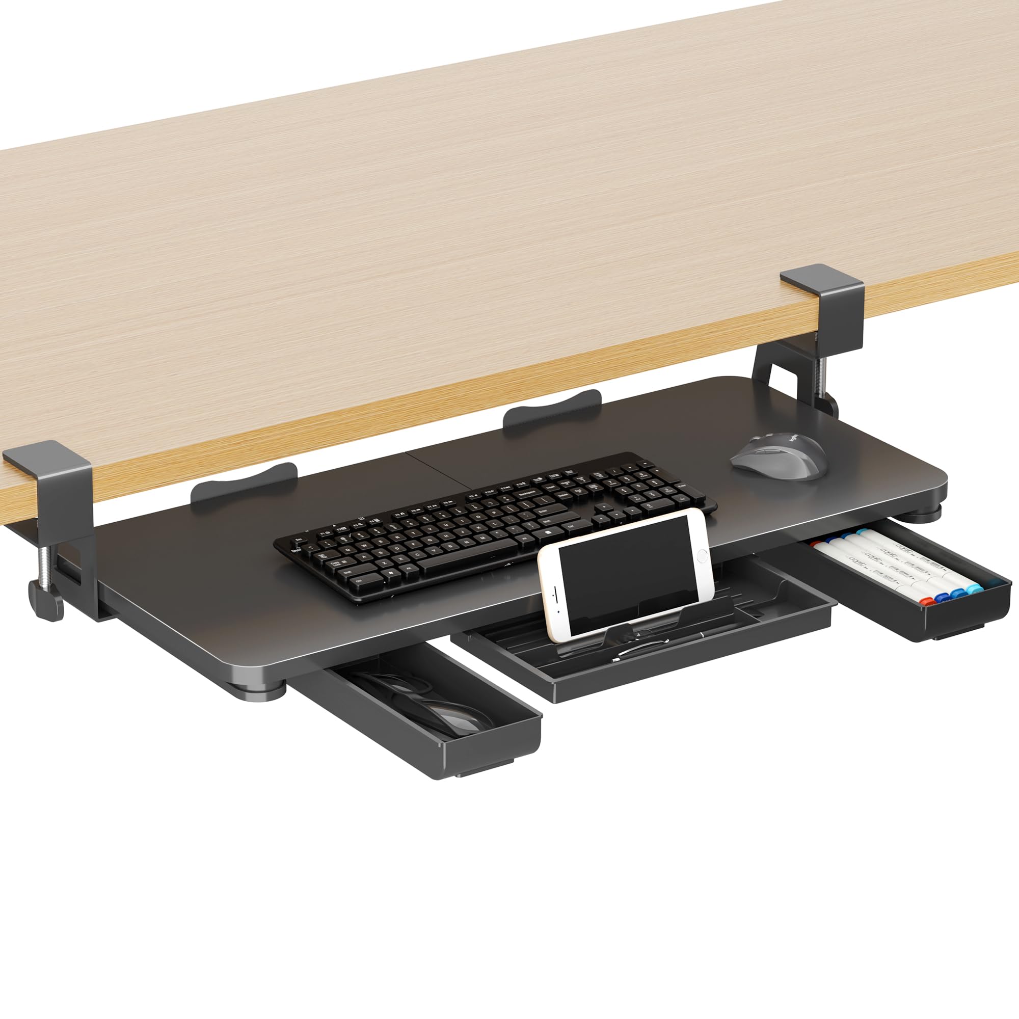 Keyboard Tray Under Desk with Storage Drawer Large C-Clamp 26.7”(31” Including Clamps) x 11.8” Slide-Out Platform Computer Drawer Pull Out Keyboard & Mouse Tray