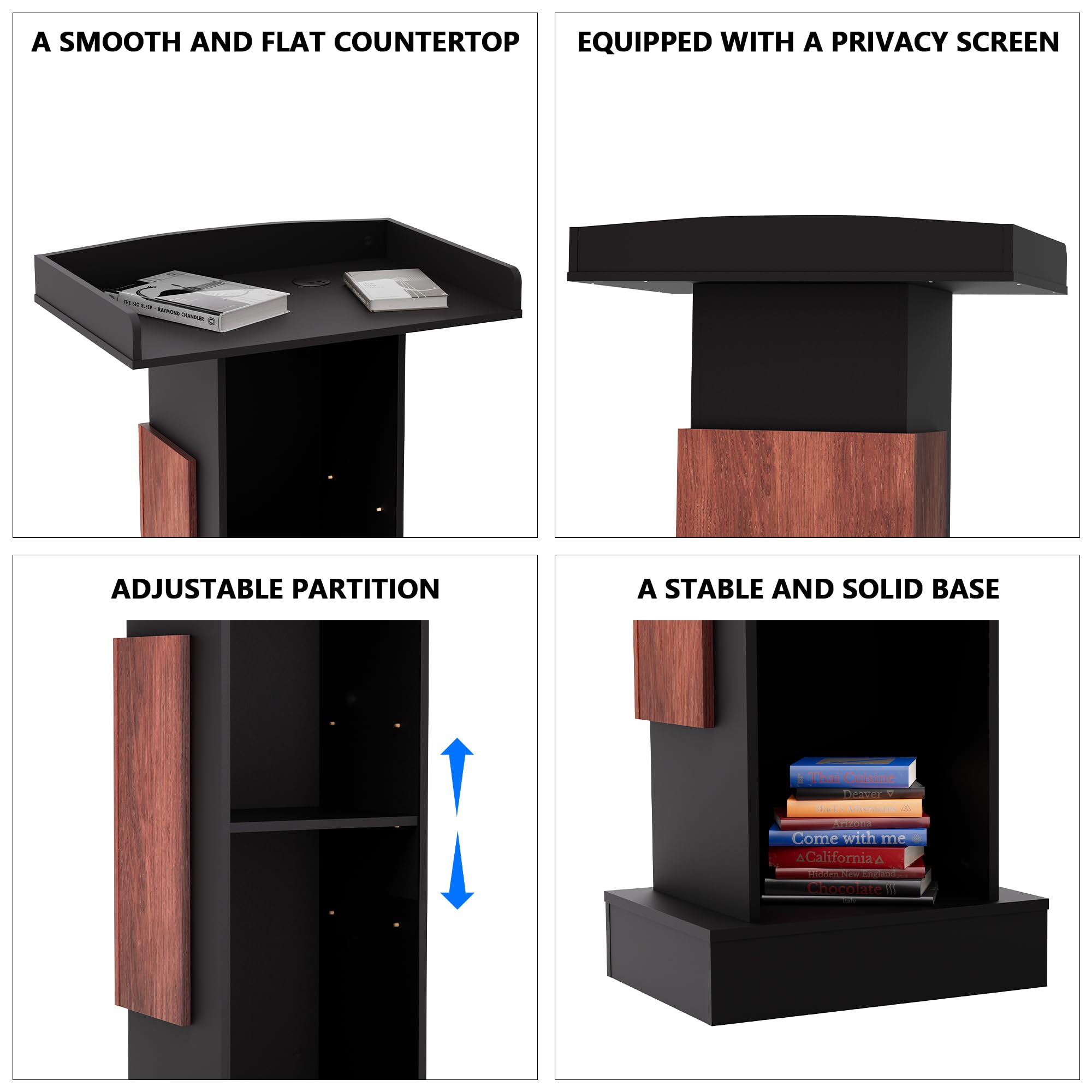 Customizable Logo & Text Podium Stand,Wood Lectern with Adjustable Partition,Church Pulpit with Storage,Mic Stand Space,Wooden Podium for Churches,Seminars and Schools