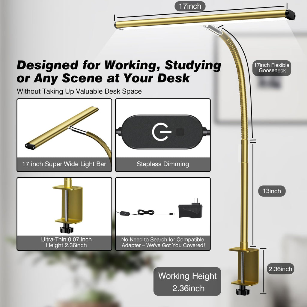 LED Desk Lamp for Office Home, Eye-Caring Desk Light with Stepless Dimming Adjustable Flexible Gooseneck, 10W USB Adapter Desk Lamp with Clamp for Reading, Study, Workbench (Gold)