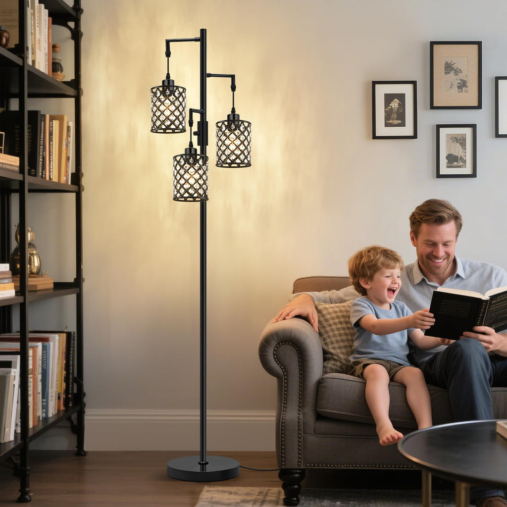 Crystal Floor Lamps for Living Room, 3-Light Black Floor Lamp, Standing Tall Lamp with Elegant K9 Crystal Shade & Rotary Switch, Modern Corner Floor Lamp for Bedroom, Home Office, Reading