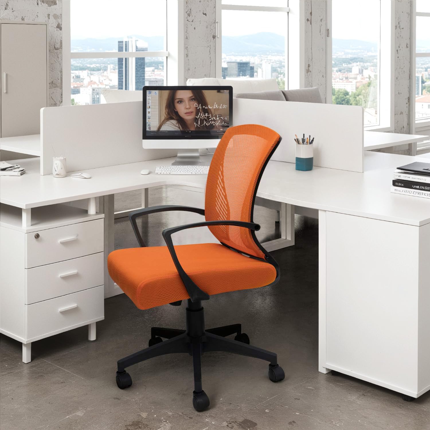 Office Chair Ergonomic Computer Desk Mesh Chair Mid Back Swivel Lumbar Support with Armrest (1, Orange)