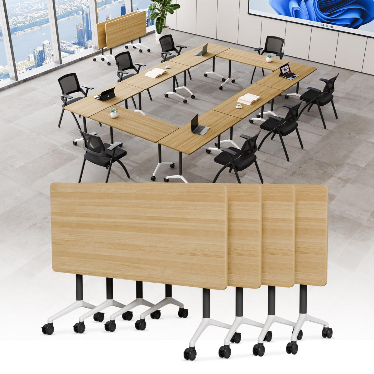 Folding Conference Table with Wheels, Flip-Top, 55.1in, 4 Pack, Maple
