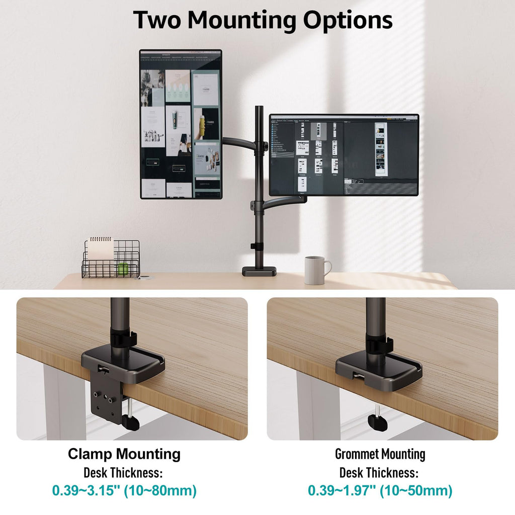 Vertical Dual Monitor Mount, Stacked Monitor Stand for 2 Computer Screens up to 32 inches, Full Motion Adjustable Tall Display Desk Mount, Each Arm Holds up to 17.6lbs, VESA Mount