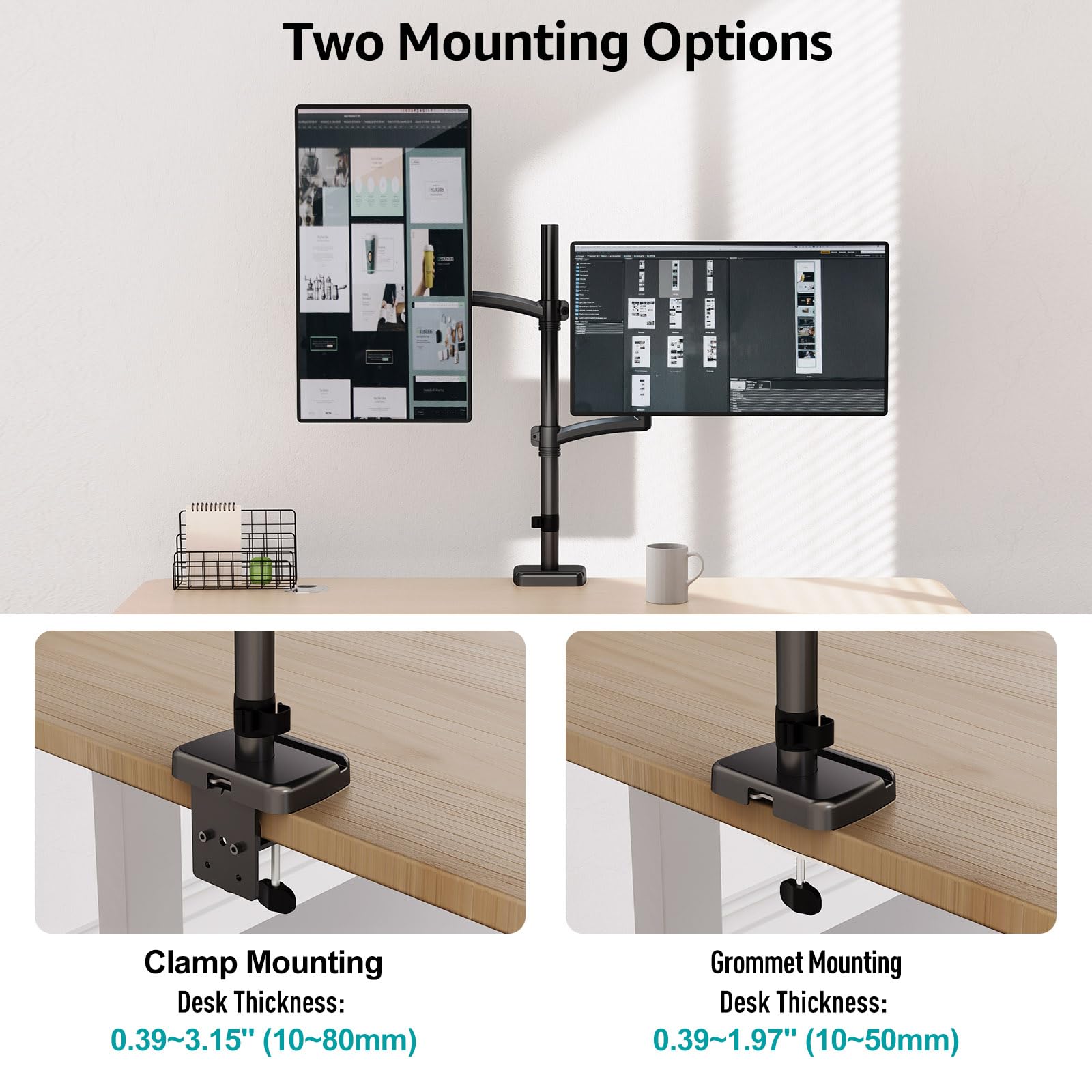 Vertical Dual Monitor Mount, Stacked Monitor Stand for 2 Computer Screens up to 32 inches, Full Motion Adjustable Tall Display Desk Mount, Each Arm Holds up to 17.6lbs, VESA Mount