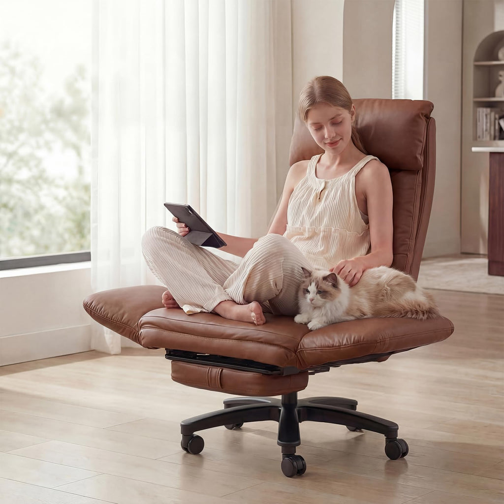 Cross Legged Office Chair with Pets Friendly Seat, Plus Size Criss Cross Desk Chair, Big and Tall Office Chair with Foot Rest, Reversible Armrests & Wide Seat, Brown