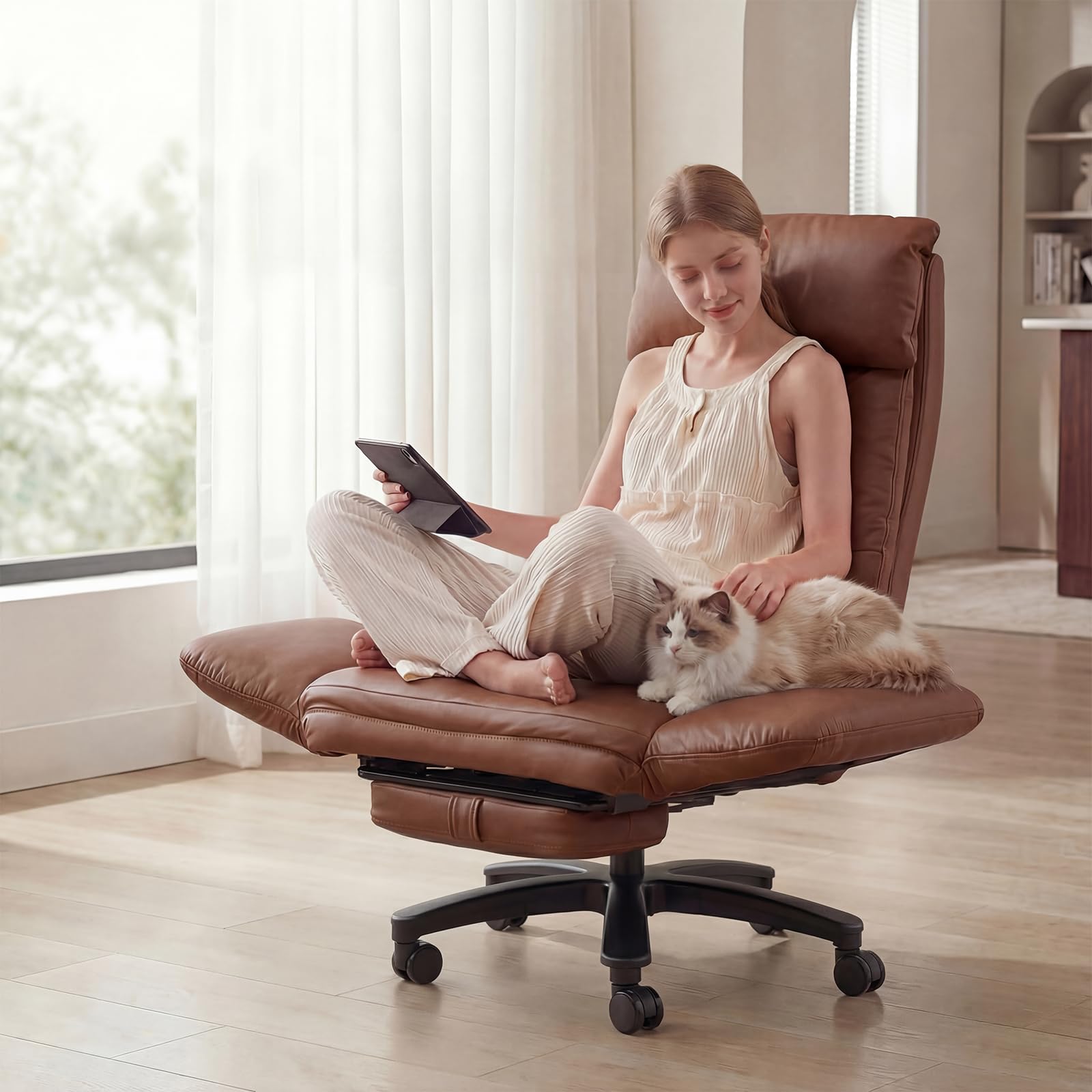 Cross Legged Office Chair with Pets Friendly Seat, Plus Size Criss Cross Desk Chair, Big and Tall Office Chair with Foot Rest, Reversible Armrests & Wide Seat, Brown