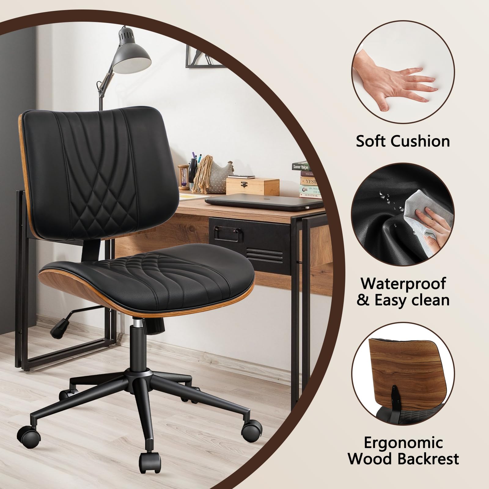 4Pack, Armless Home Office Chair, Desk Chair with Wheels, Adjustable Height Reading Chair, Leather Mid Back & Swivel Computer, Modern Walnut Chairs with Back for Study Meeting Room(Black)