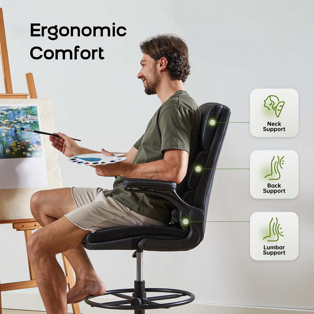 Drafting Chair Tall Office Chair with Padded Flip-up Armrests Executive Ergonomic Computer Standing Desk Chair with Comfortable Leather Backrest and Adjustable Footrest Ring (White)