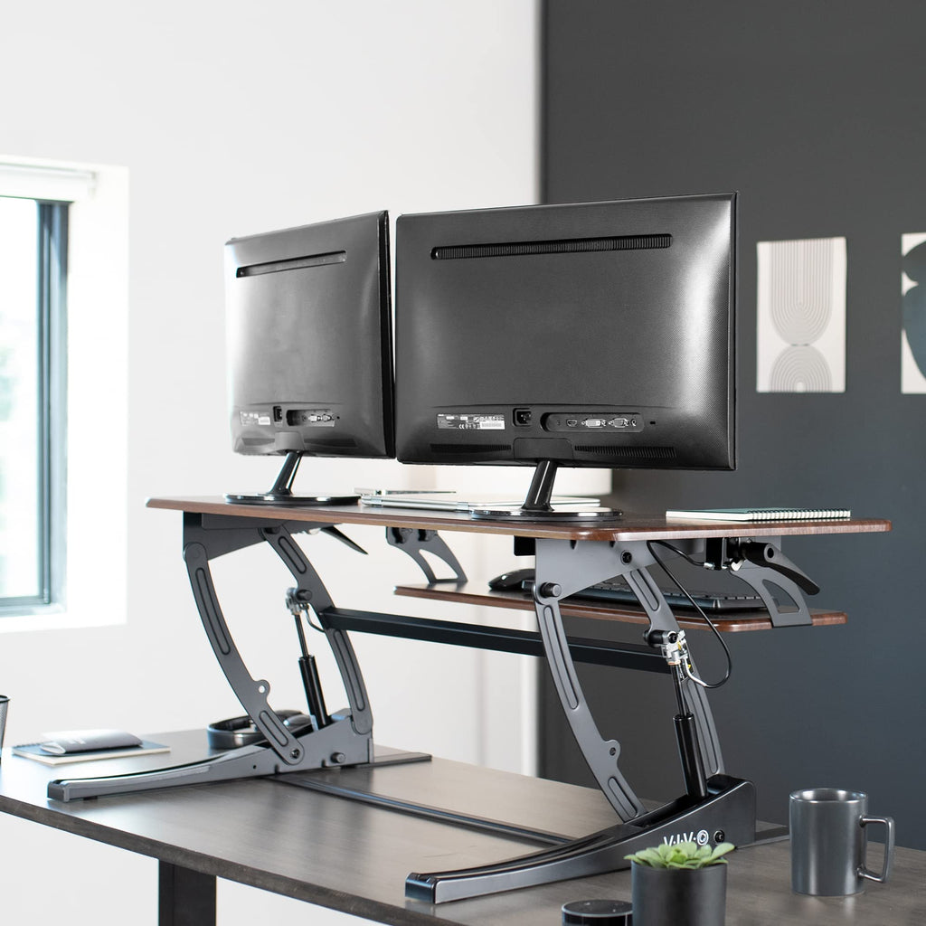 42 inch Height Adjustable Stand Up Desk Converter, V Series, Quick Sit to Stand Tabletop Dual Monitor Riser Workstation, Dark Walnut Top, Black Frame