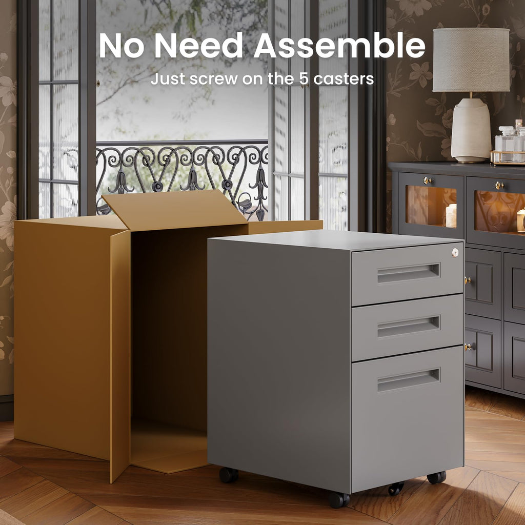 3 Drawer Metal Rolling File Cabinet Under Desk Filing Cabinet Grey