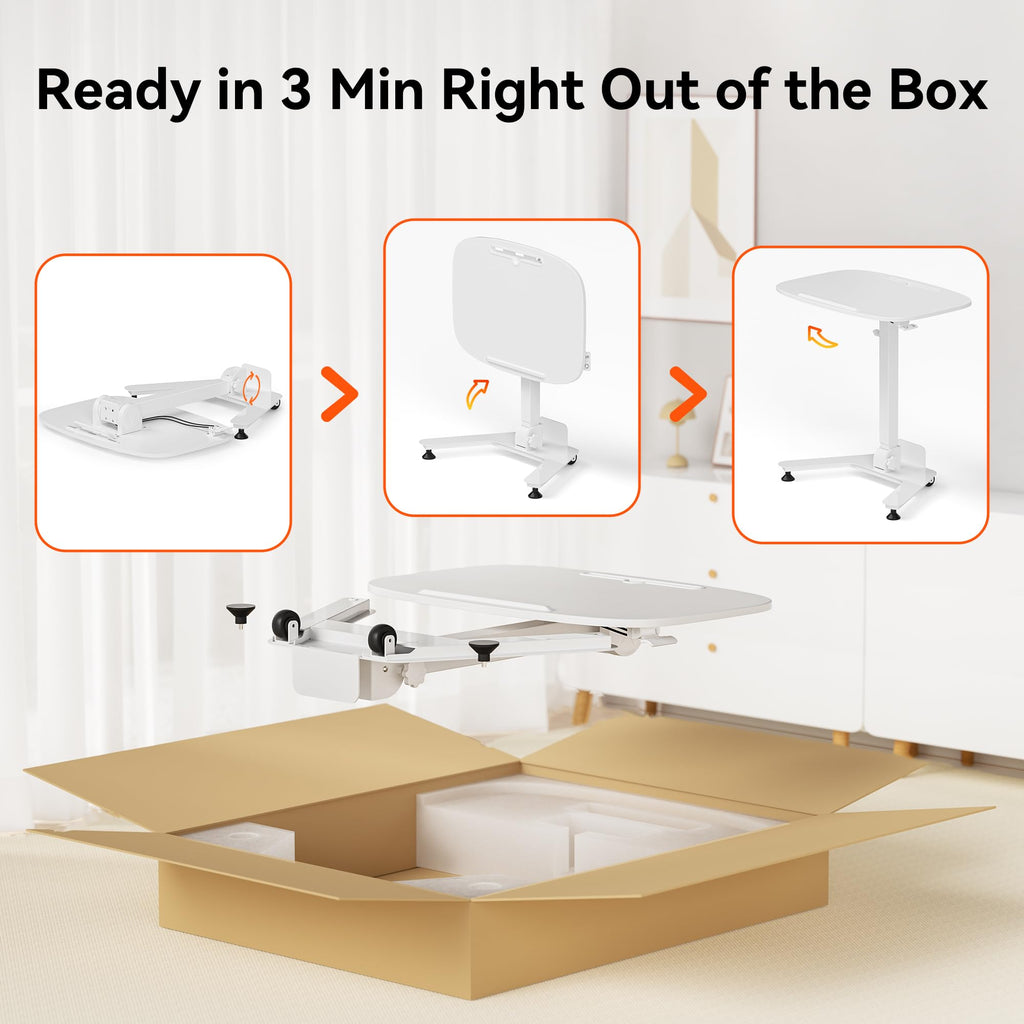 Foldable Pneumatic Height Adjustable Mobile Standing Desk with 90° Tiltable Tabletop, 27.2x18.9 Inch Portable Laptop Desk with Wheels, Holds Up to 66.1lbs for Home Office, Study, White