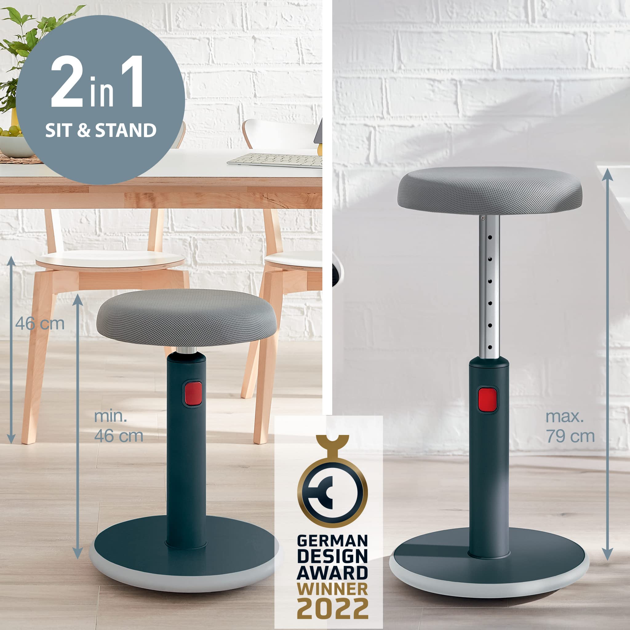 Sit Stand Stool, Ergonomic Height Adjustable 46cm to 79cm Wobble Stool, Round Swivel Office Desk Chair/Stool, Ergo Cosy Range, Velvet Grey