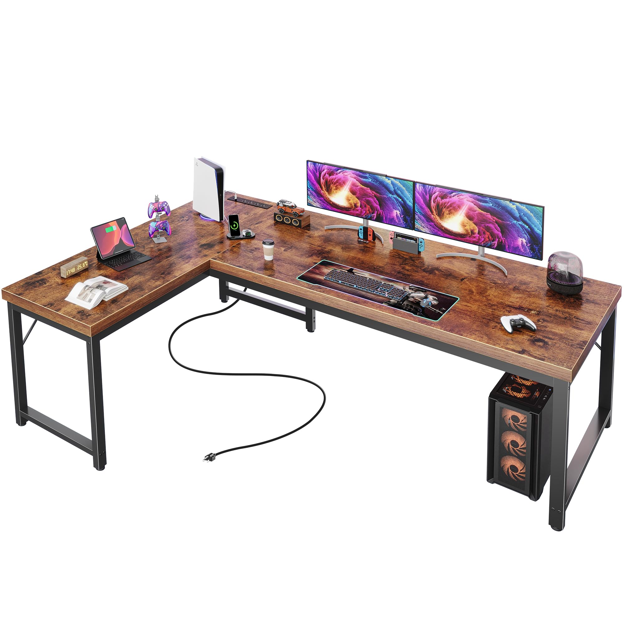 63 Inch L Shaped Desk with Power Outlets and USB-C Port, 0.95 Inch Thicker Desktop, Reversible Computer Desk, Larger Office Corner Gaming Desk, Metal Frame, for Home Office, Study, Rustic Brown