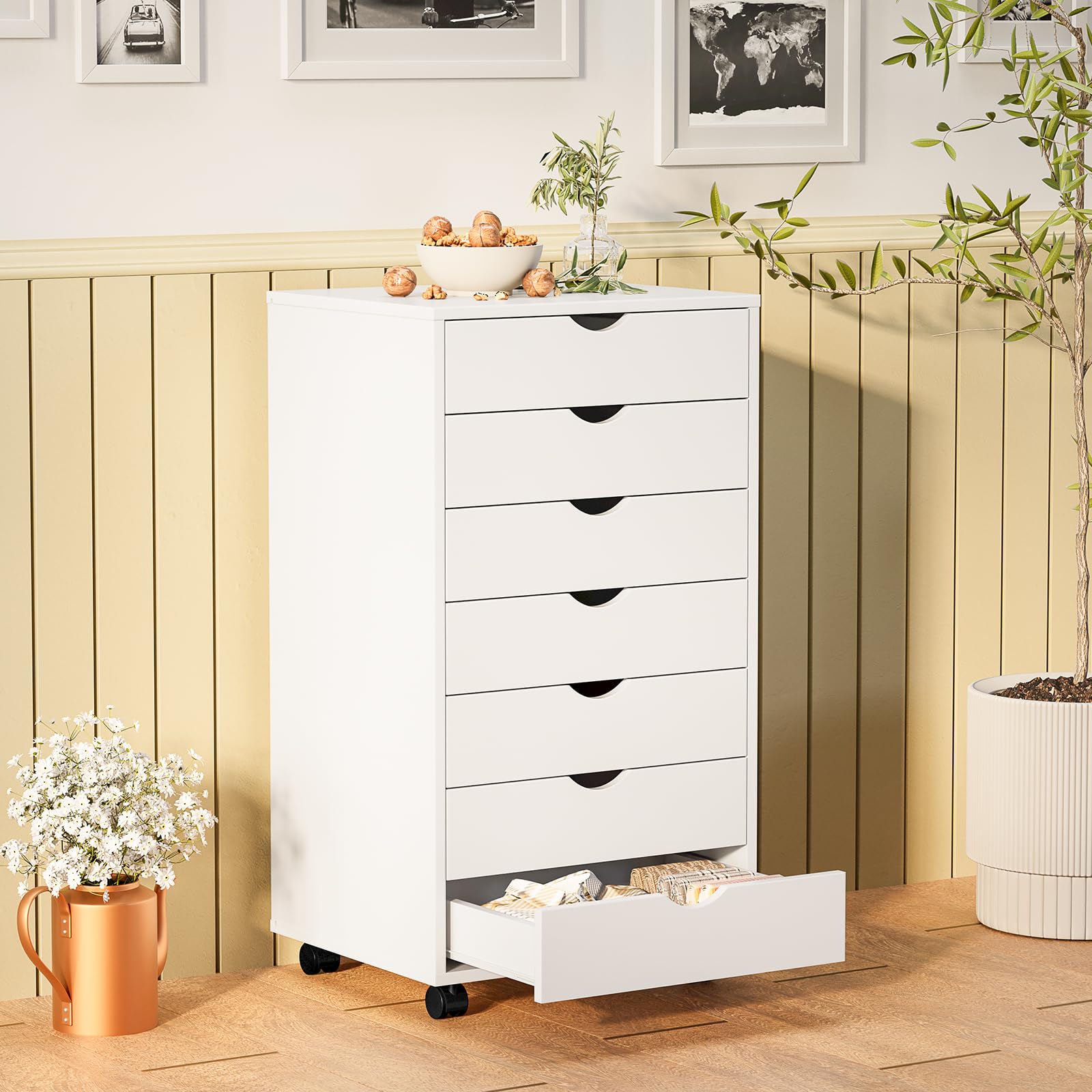 7 Drawer Rolling Storage Cabinet, Wood Under Desk Mobile Dresser with Wheels, Small Organizer Chest for Home Office, Bedroom, Living Room, Compact Vertical Storage Furniture Unit, White