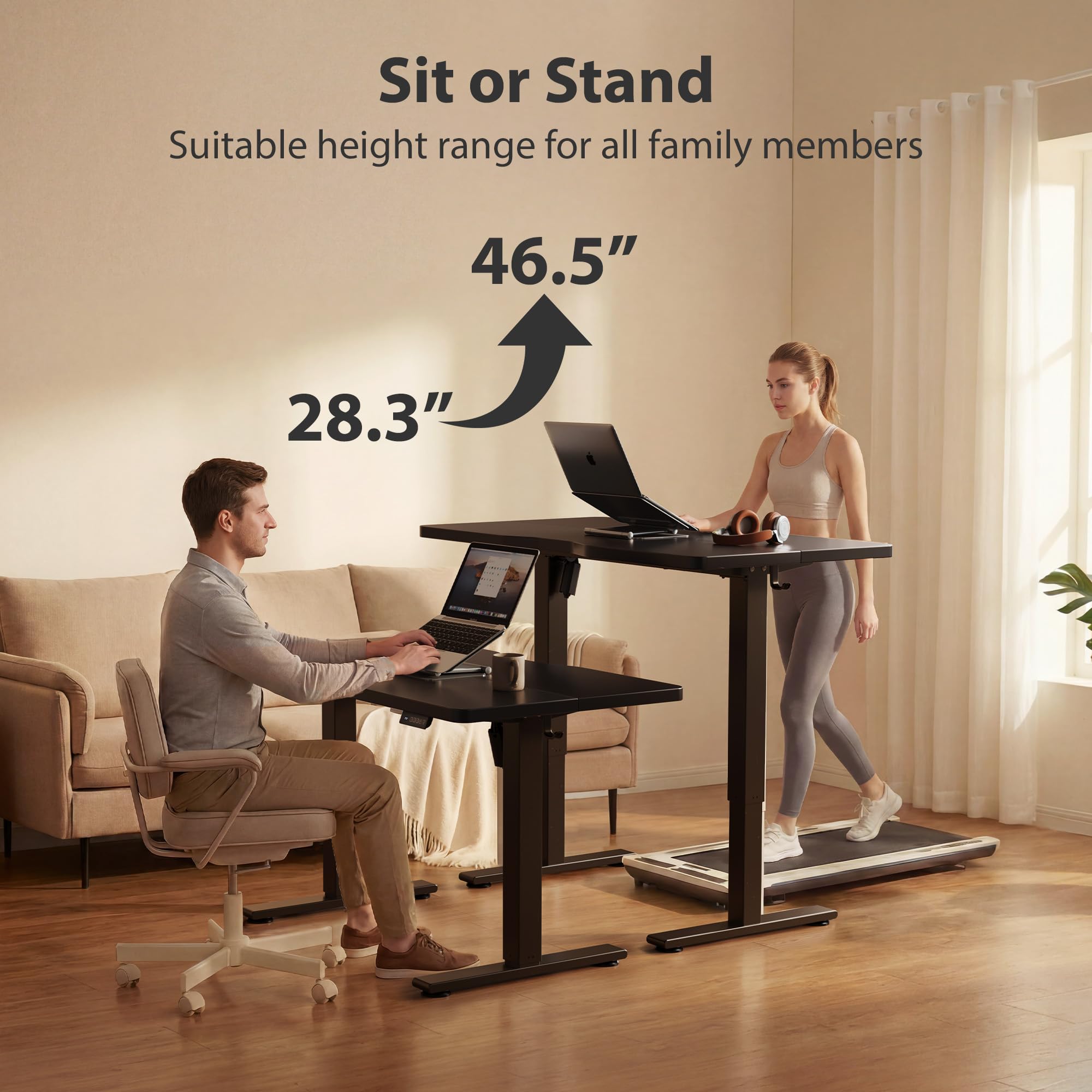 Standing Desk, 55x28 Inches Sit Stand Home Office Desk, Electric Stand up Desk, Adjustable Desk with Splice Board, Black Frame/Black Top