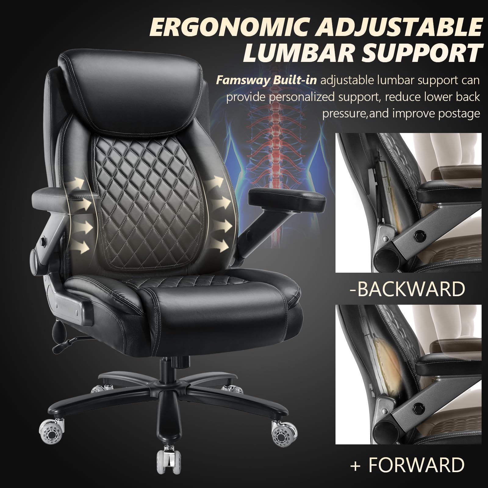 600LBS Large Heavy Duty Office Chair with 5D Flip Arms,Comfy Big and Tall Executive Office Desk Chair with Pocket Spring Cushion,High Back Computer Chair with Lumbar Support,Dual Rubber Wheel