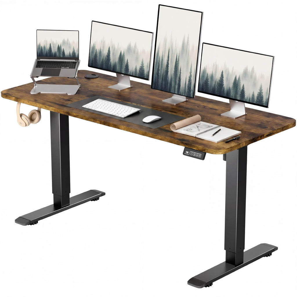 Electric Height Adjustable Standing Desk Large 55 x 24 Inches Sit Stand up Desk Home Office Computer Desk Memory Preset with T-Shaped Metal Bracke, Brown