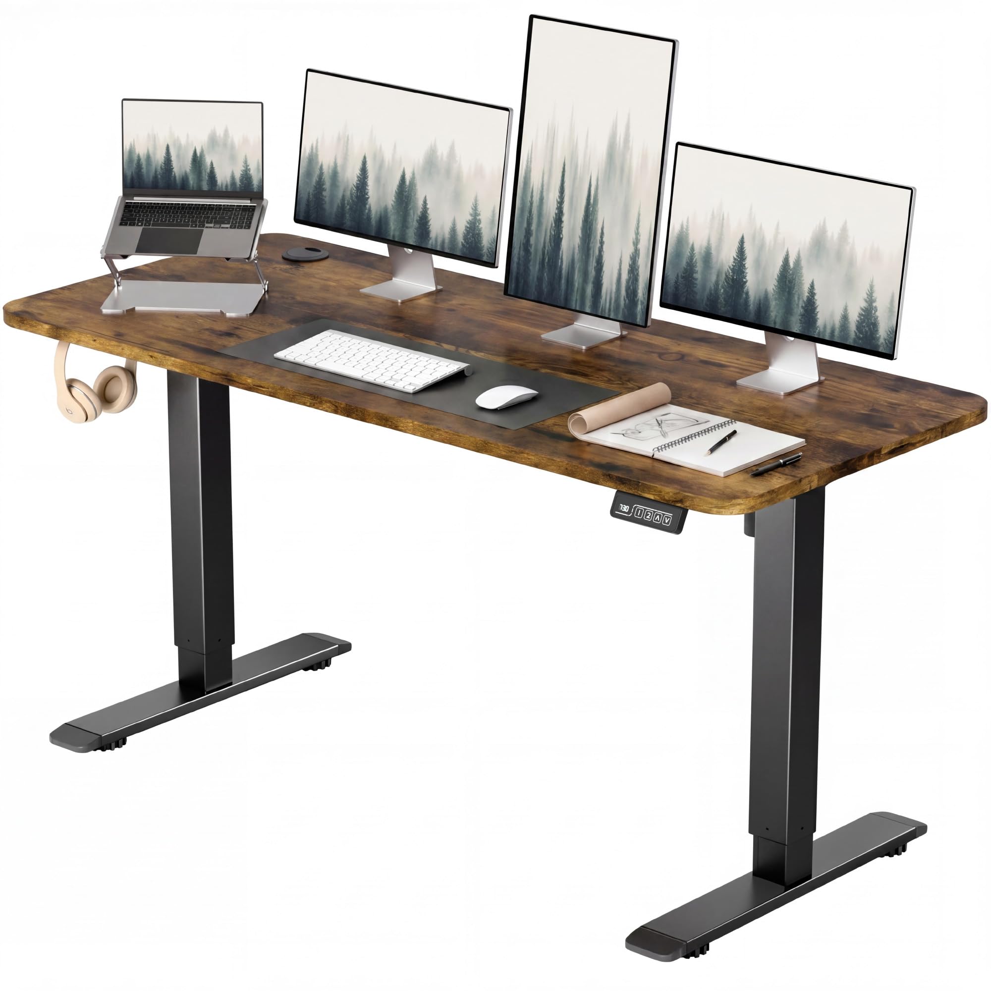 Electric Height Adjustable Standing Desk Large 55 x 24 Inches Sit Stand up Desk Home Office Computer Desk Memory Preset with T-Shaped Metal Bracke, Brown