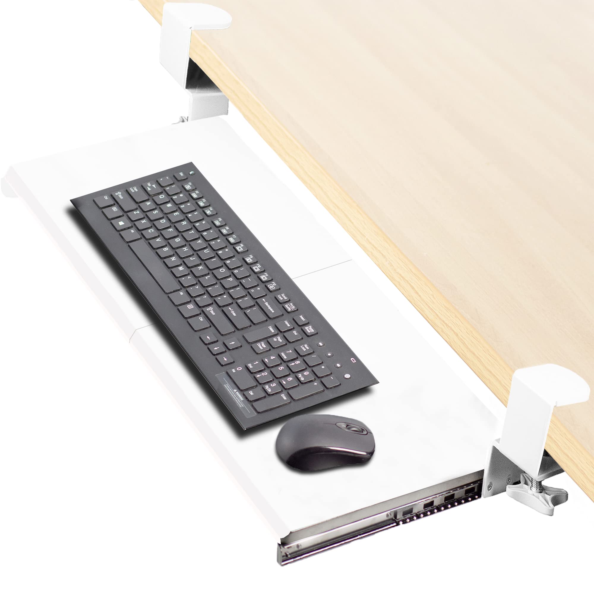 Large Clamp-on Computer Keyboard and Mouse Under Desk Slider Tray, 27 x 11 inch Pull Out Platform Drawer, White