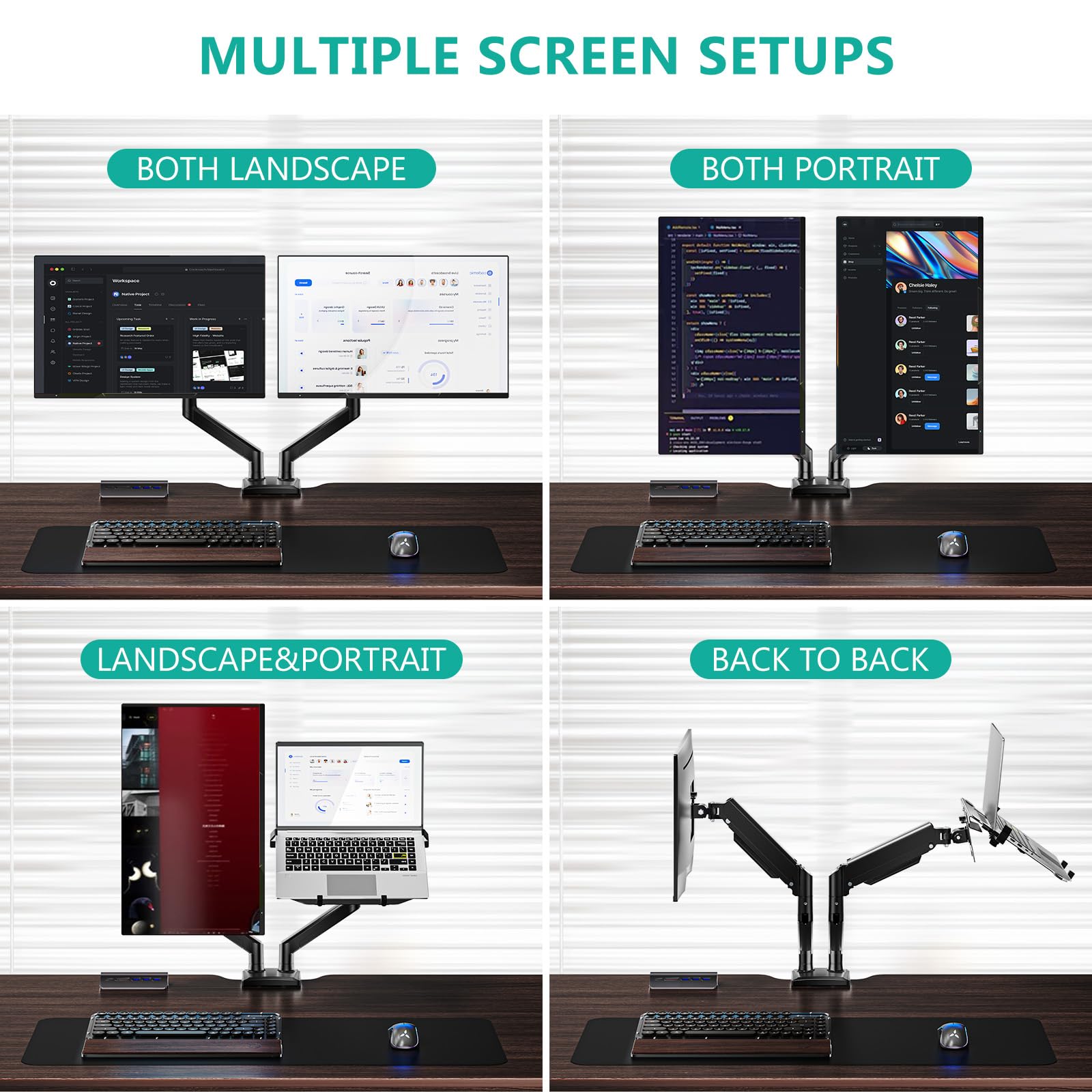 Laptop Desk Mount, Dual Monitor Arm with Laptop Holder, Adjustable Height Laptop Arm Mount for Desk, Fits 17” Notebook and 32” Monitors, Up to 22Lbs, Black