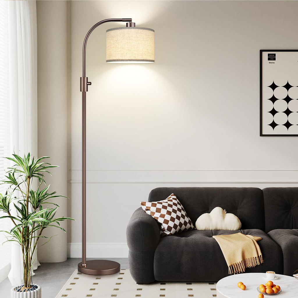 Upgraded Modern Arc Dimmable Tall Standing Floor Lamp with Linen Shade, 1200 Lumens LED Bulb Included, for Living & Reading Room, Bedroom, Office & Nursery, Brown