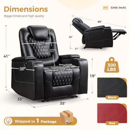 (Set of 2, Black) Power Recliner Chair with USB Ports and Cup Holders - Overstuffed Electric Home Theater Seating PU Leather Reclining Furniture with Hidden Arm Storage, Easy to Clean