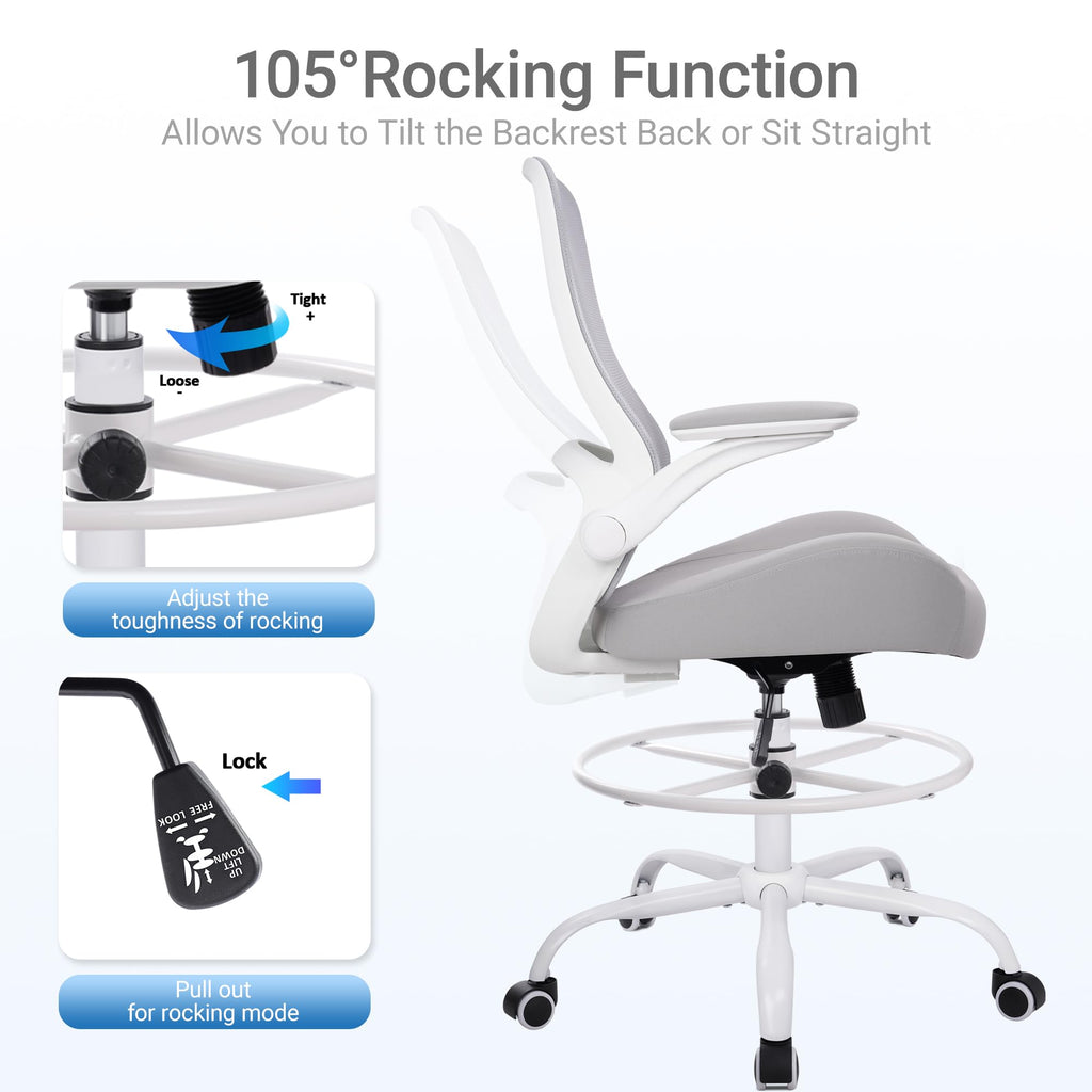 Drafting Chair Tall Office Chair with Flip-Up Armrests Ergonomic Computer Chair with Lumbar Support Adjustable Footrest Ring Mesh Standing Desk Chair (Grey)