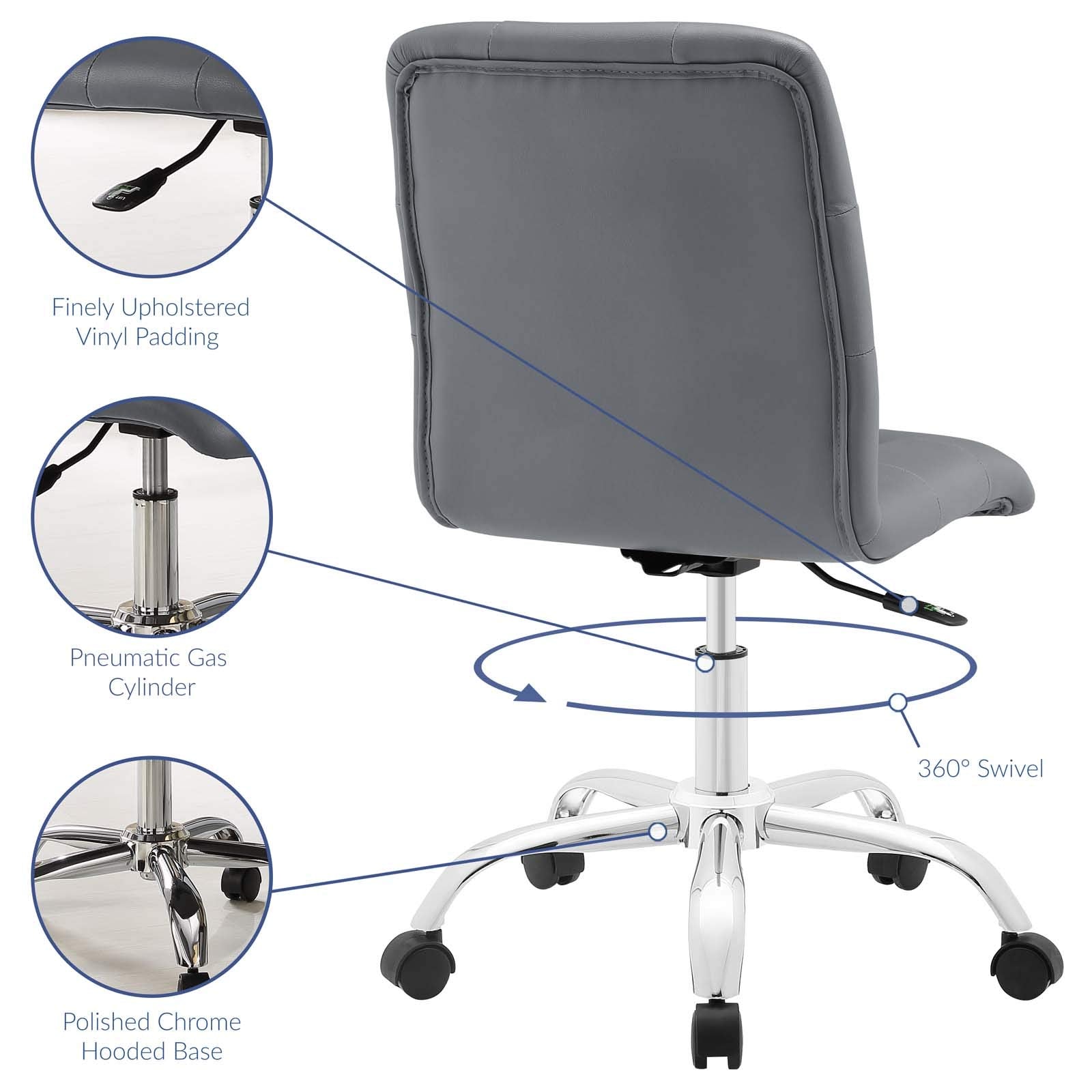 Prim Ribbed Armless Mid Back Swivel Conference Office Chair In Gray