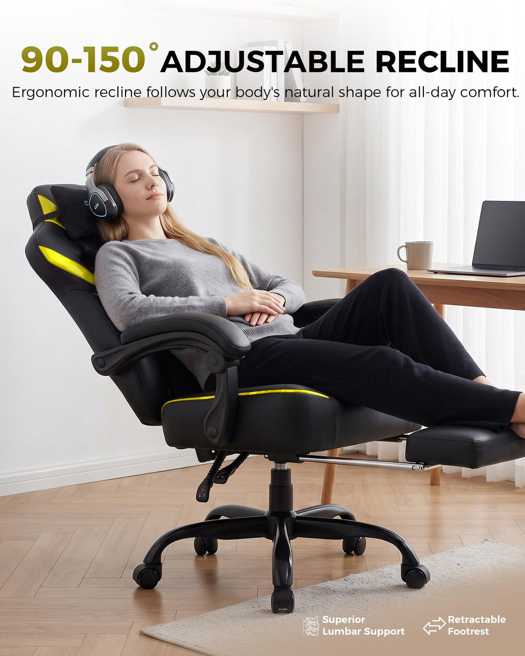 Big and Tall Gaming Chair with Footrest, High Back Ergonomic Office Chair for Adults, Heavy Duty 350 lbs Capacity, Premium Leather & Iridescent Trim, ACE-Armor, Yellow